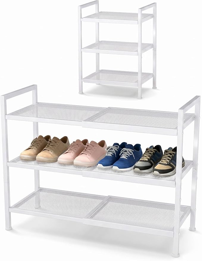 Shoe Rack, Expandable Shoe Rack for Closet, Adjustable Shoe Organizer for Entryway, Shoe Storage Organizer for Door Entrance, Garage, Bedroom (White, 3-Tier)