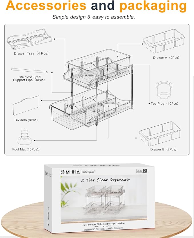 Sevenblue 2-Pack 2-Tier Under Sink Organizers with Sliding Drawers | Multi-use kitchen & bathroom storage, 10.6 inch clear cabinet organizer, space-saving sliding drawer design.