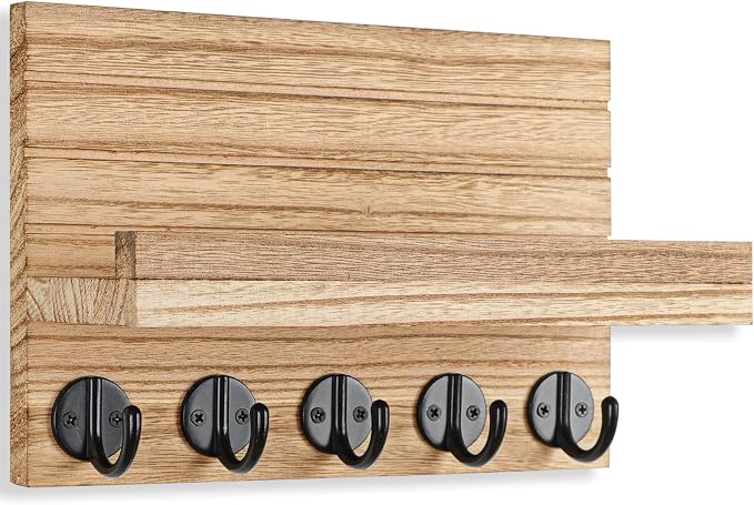 Lwenki Key Holder for Wall, Decorative Key and Mail Holder with Shelf Has Large Key Hooks for Bags, Coats – Paulownia Wood Key Hanger with Mounting Hardware (9.8”W x 6.7”H x 4.2”D) (Burnt Wood)
