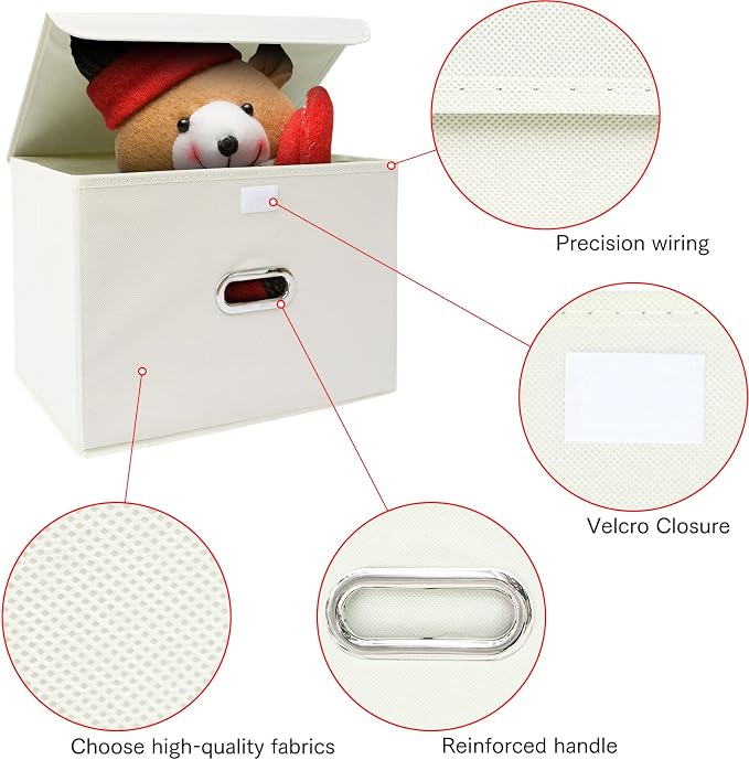 Fabric Foldable Collapsible Storage Cube Bin Organizer Basket with Lid, Handles, Removable Divider for Home, Closet (Creamy-White, 6Pcs)