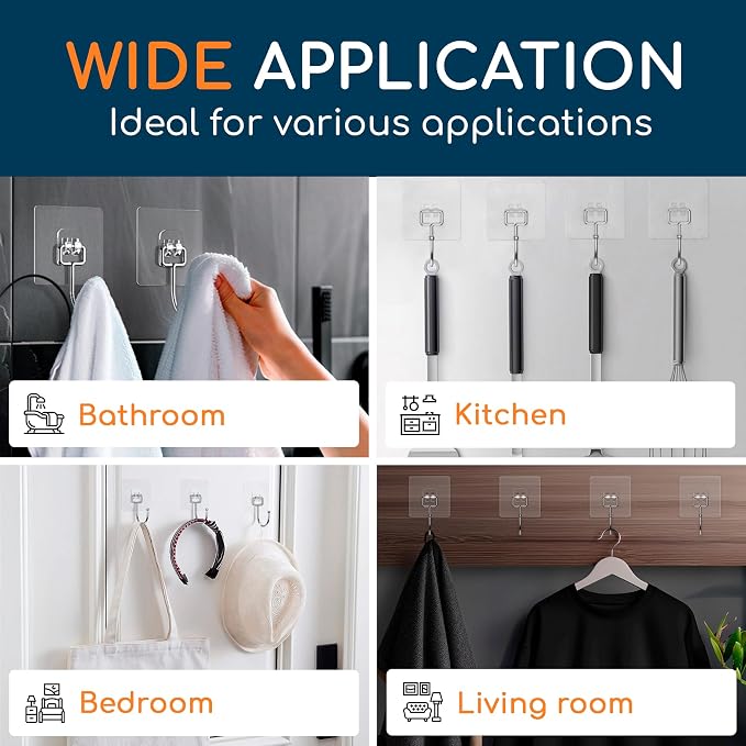Adhesive Wall Hooks for Hanging, Heavy Duty No Drill, 22 lbs, 12 Pack | GLUIT Adhesive Wall Hooks for Hanging, Transparent Waterproof Sticky Towel Hook for Bathroom Kitchen Home Outdoor