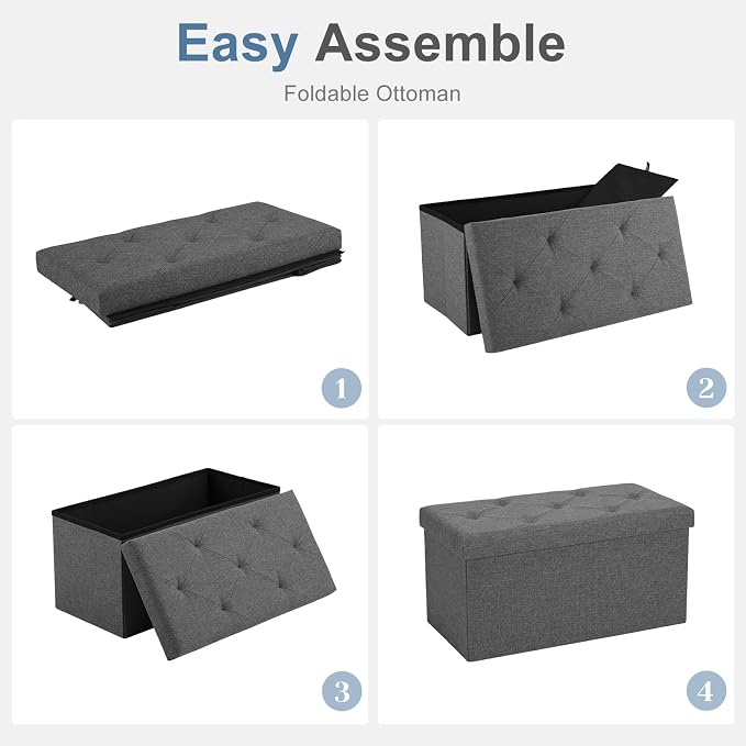 DUMOS 30 Inch Foldable Storage Ottoman Bench, Gray Ottoman with Storage | End of Bed Foot Stool with Foam Padded Seat, Linen Fabric Hidden Storage Chest for Bedroom, Living Room, Loads 660 LBS
