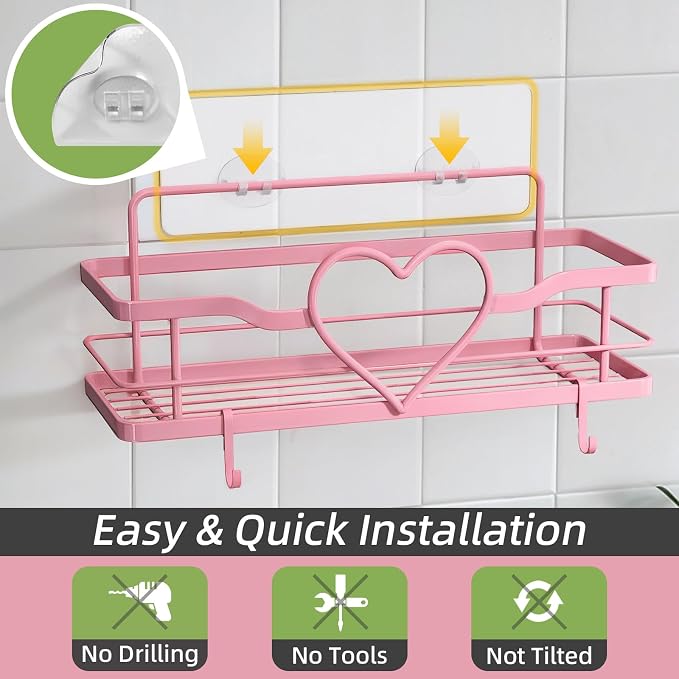 Pink Shower Caddy with 4 Removable Hooks, 2 Pack Sweet Heart Shower Shelves,No Drilling Adhesive Organizer Shelf for Bathroom Shower,Kitchen,Bedroom | Shower Shelf with 4 Removable Hooks,Holds 40 lbs,Rustproof Metal,For bathroom,kitchen,dorm,Cute Showe...