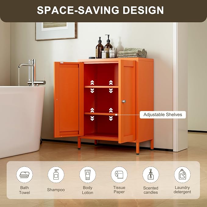 Bevivog Orange Metal Locker Cabinet with 2 Doors and 2 Adjustable Shelves, Small Accent Cabinet Bathroom Floor Storage Cabinets Short Sideboard for Entryway, Living Room, Hallway