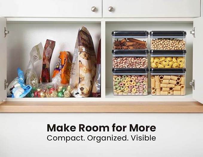 Felli Flip Tite Storage Container with Lid 4” RECTANGULAR Airtight Ring Flip Top, Stackable Kitchen Counter Pantry Organizer Acrylic Canister Jar for Pasta Spaghetti Cereal Granola Coffee (1.9qt)