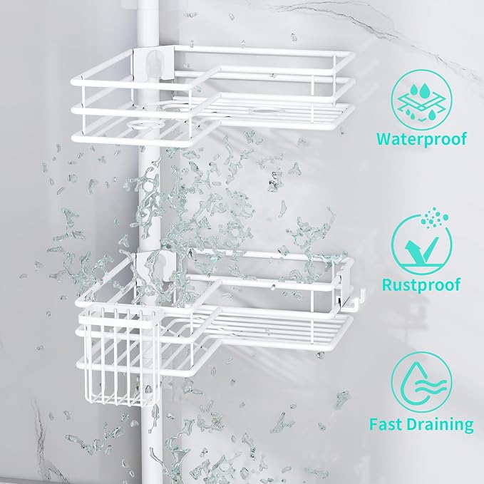 HapiRm Corner Shower Caddy Organizer - Shower Rack with Toothbrush Holder | Shower Shelves with Soap Holder and 4 Hooks,Rustproof Bathroom Storage Tension Pole Available for 27.6 to 108.3 Inch - White