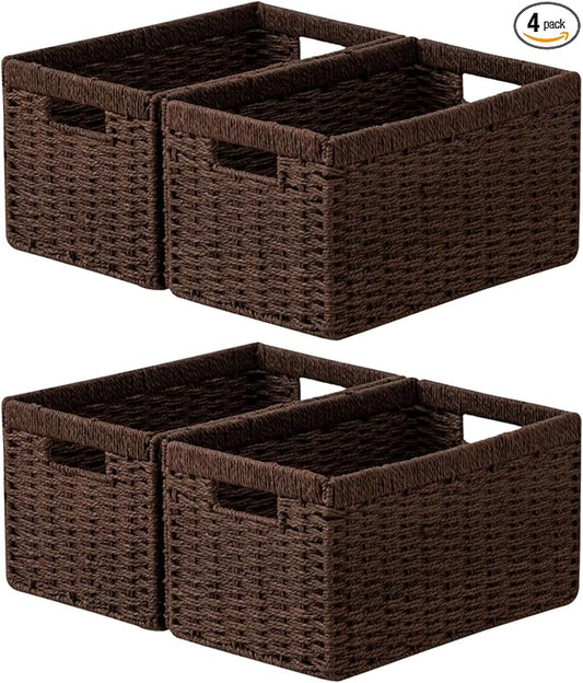 joybest Dark Brown Wicker Baskets for Shelves, Hand-woven Storage Baskets | 13.4L x 8.3W x 7.1H inch for Pantry, Kichen Organizing, Foldable Rectangular Bin with Handles, 4-pack