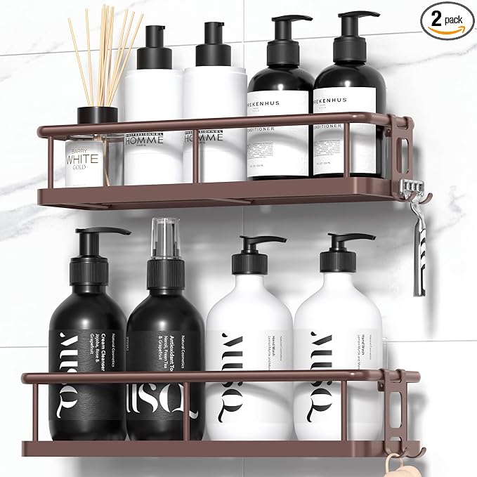 YASONIC Shower Caddy Adhesive, Rustproof Shower Organizer, Large Capacity Shower Shelves for Inside Shower, No Drilling Bathroom Organizers and Storage for Home Decor （2 Pack Bronze）