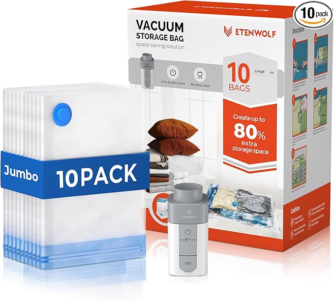 ETENWOLF 10 Jumbo Vacuum Storage Bags for Travel with Wireless Pump | Vacuum Seal Bags for Clothing Travel, Compression Packing Bags for Clothes and Blankets, Space Saver Bags in Carry-On Sizes