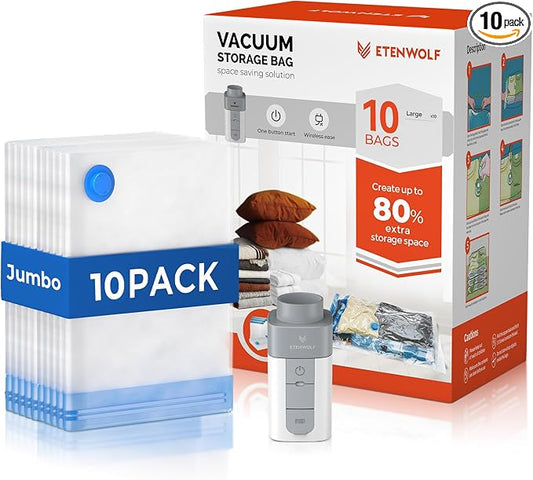 ETENWOLF 10 Jumbo Vacuum Storage Bags for Travel with Wireless Pump | Vacuum Seal Bags for Clothing Travel, Compression Packing Bags for Clothes and Blankets, Space Saver Bags in Carry-On Sizes