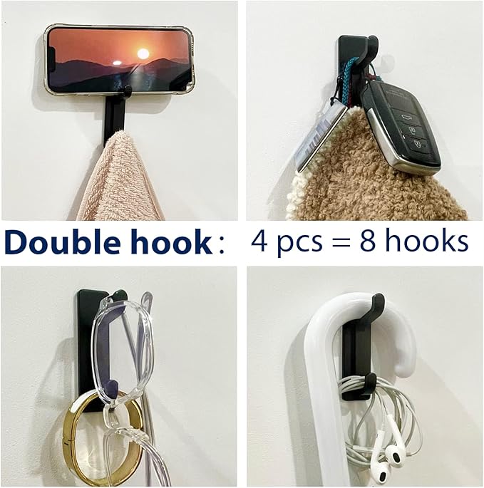 pickpiff 13LB Strong Stick-on Hooks for Coat & Towel, Black 4 Pack