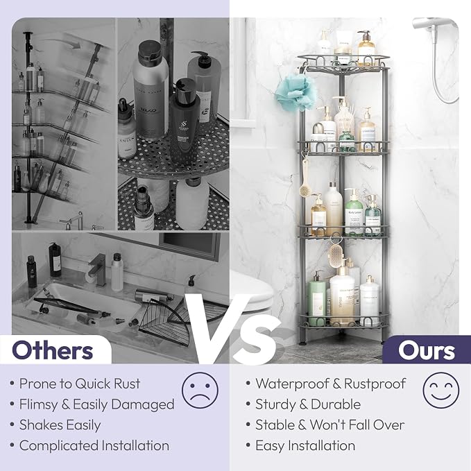 SWTYMIKI Standing Shower Caddy Corner - 4‑Tier Stainless Steel Shower Organizer Shelf with 12 Hooks and Adhesive Pads, Rustproof Corner Shelves Stand Rack for Bathroom Shower Room, Gray