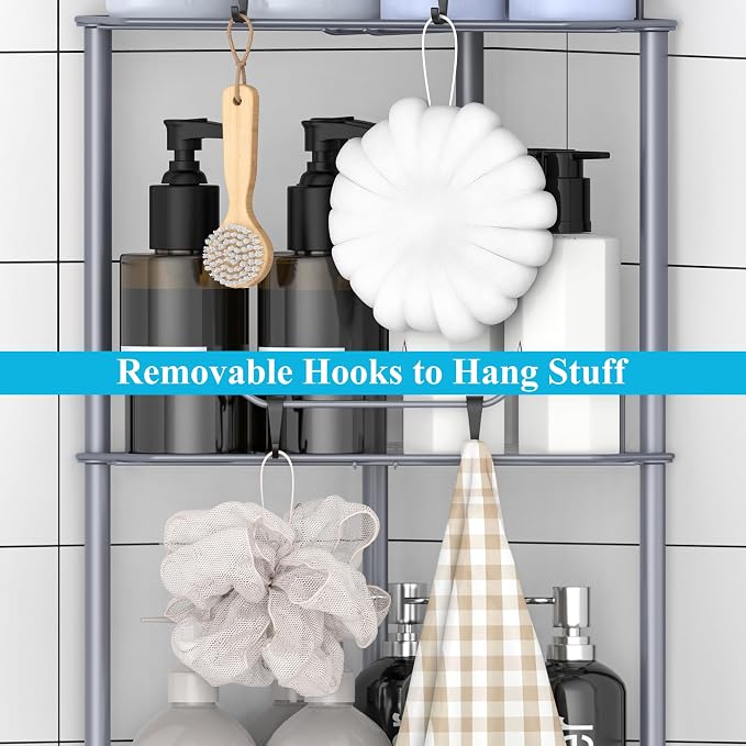 HuggieGems 3 Tier Floor Standing Corner Shower Caddy Organizer Shelf with Hooks, Bathroom Shelves Stand Rack, Dark Gray