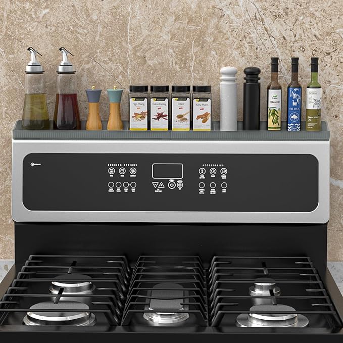 Magnetic Stove Shelf for Back of Stove, 30 Inch Silicone Stove Top Spice Rack for Kitchen Organization, Heat Resistant Over the Stove Shelf with 6 Powerful Magnets, Fits Flat & Curved Stoves- Grey
