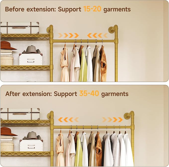 H2 Wall Mounted Clothing Rack, Expandable Industrial Pipe Clothes Rack Garment Racks for Hanging Clothes, Heavy Duty Closet Organizers and Storage in Closet System, Gold