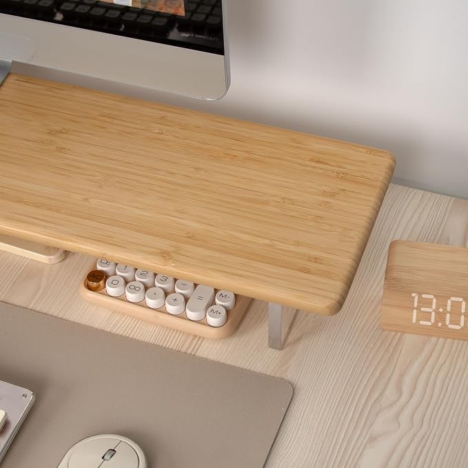 Bamboo Monitor Stand Riser, Natural Desk Shelf with Acrylic Legs | 31.5-Inch Wide, 3.3-Inch Clearance, Fits Monitor, Laptop, Printer and Speakers for Small Desks