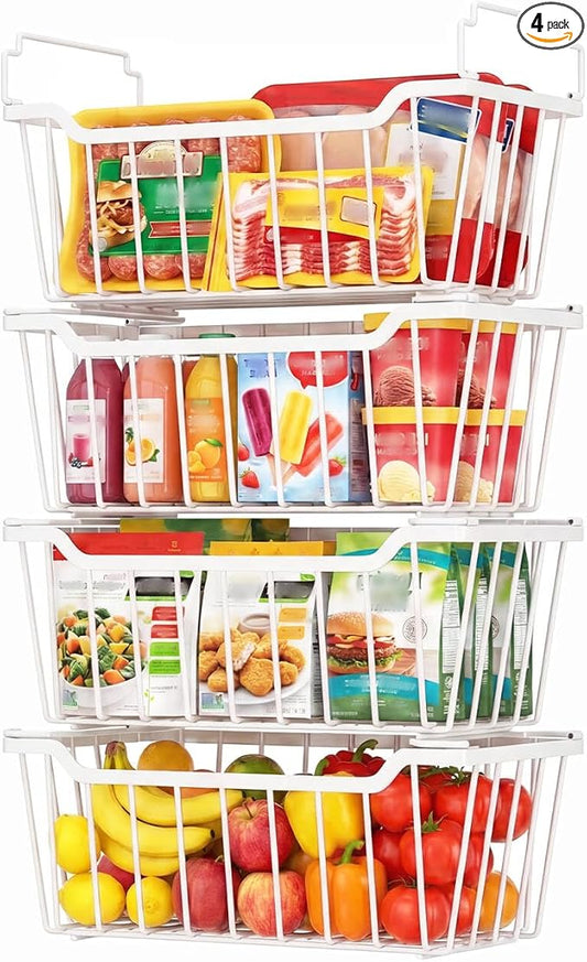 Goovilla Freezer Organizer Bins for 5-7 Cu.FT Chest Freezer, 4 Pack White | Foldable Handle Stackable Freezer Baskets, Coated Metal Freezer Storage Bins with Better Space Utilization, Deep Organization