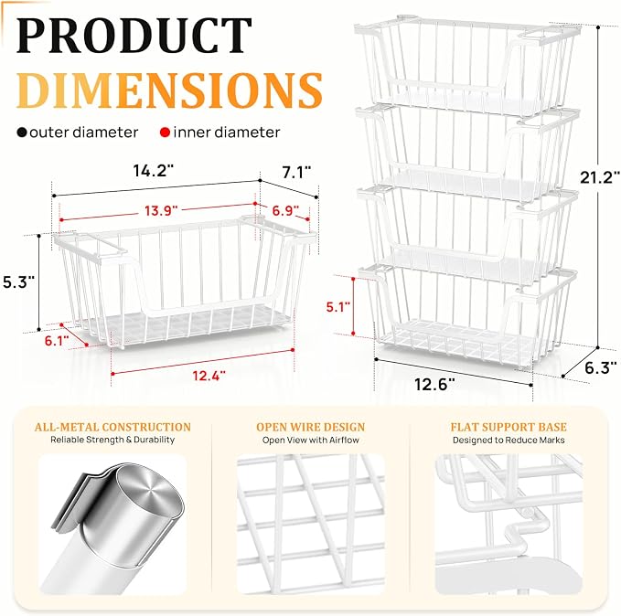 SUNALLY Stackable Storage Bins 6 Pcs Wire Baskets Freezer Organizer, White | Pantry Organizers Storage, Vegetable Fruit Storage Basket for Countertop, Kitchen Baskets for Onion Potato Snack Cans Storage
