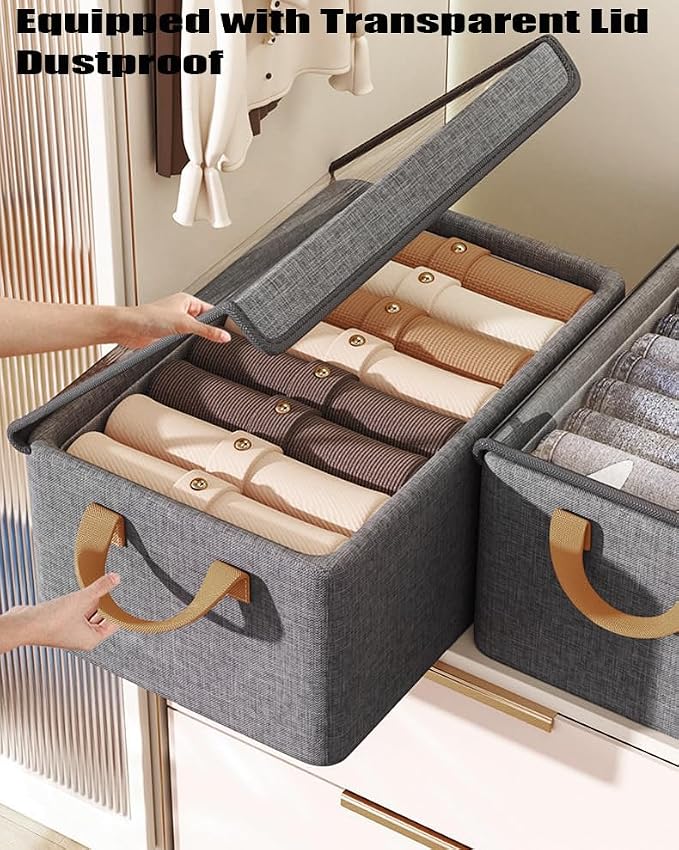 AARAINBOW Closet Clothes Organizer Bins 6 Pc, Fabric Box Storage Shelf Bins Stackable, Foldable Closet Shelf Storage Container with Lid, Fabric Storage Bin with Steel Frame, 23L (6 Gray with Lid)
