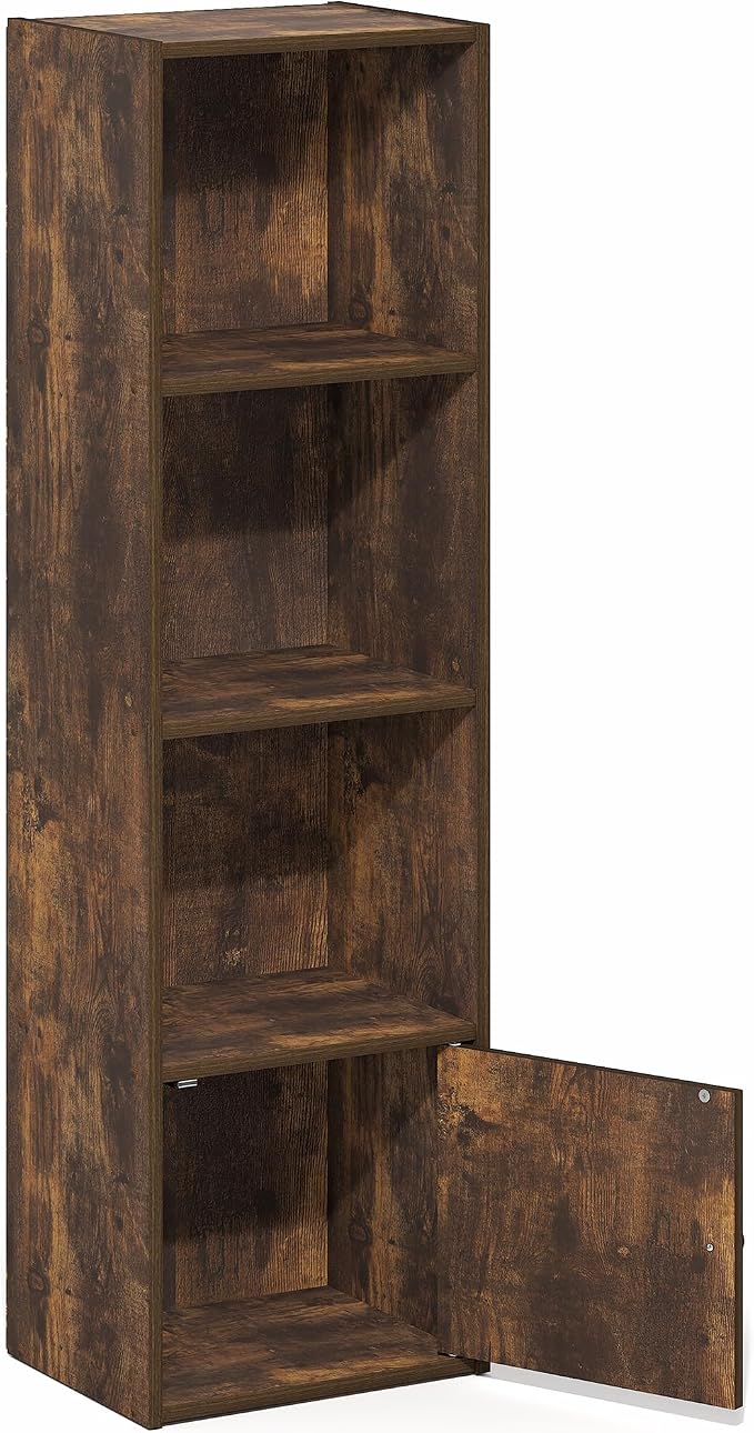 Furinno LUDER Book Shelf, 4-Tier Bookshelf with Open Shelf, Standing Bookcase with 1 Door Cabinet, 9.3 x 12 x 41.8, for Organization and Storage, for Living Room, Bedroom, Home Office, Amber Pine