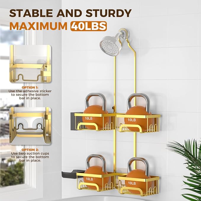 REINHARDT Split Shower Caddy Hanging for Handheld Showerheads, Gold | Adjustable Shower Organizer, Rustproof, 16 Hooks, Soap Holder, 40lbs Capacity, Anti-Slip, Tool-Free, Bathroom Accessories