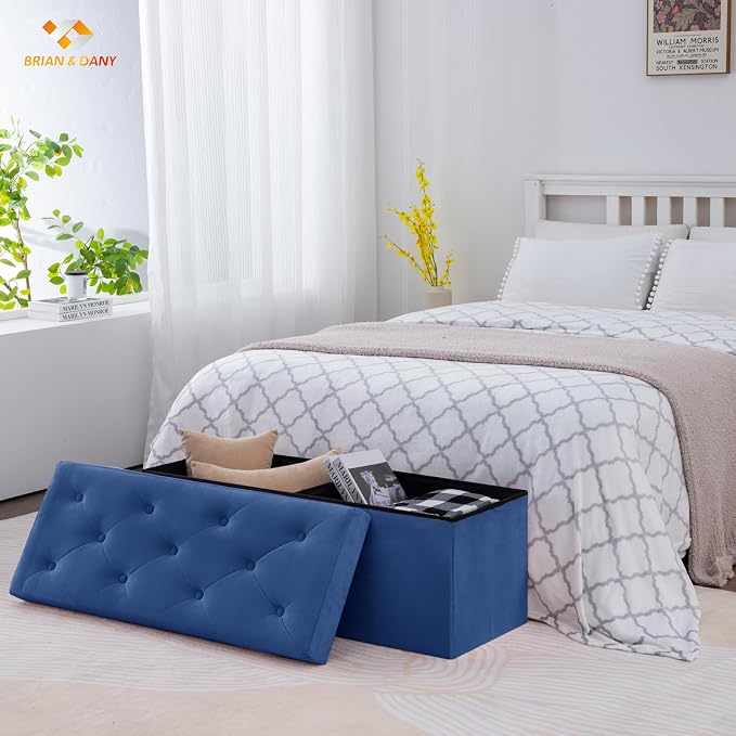 BRIAN & DANY 43 Inches Folding Storage Ottoman Bench, Velvet Ottoman with Storage for Living Room, Bedroom, Entryway, Ottoman Foot Rest, End of Bed Bench (Blue)