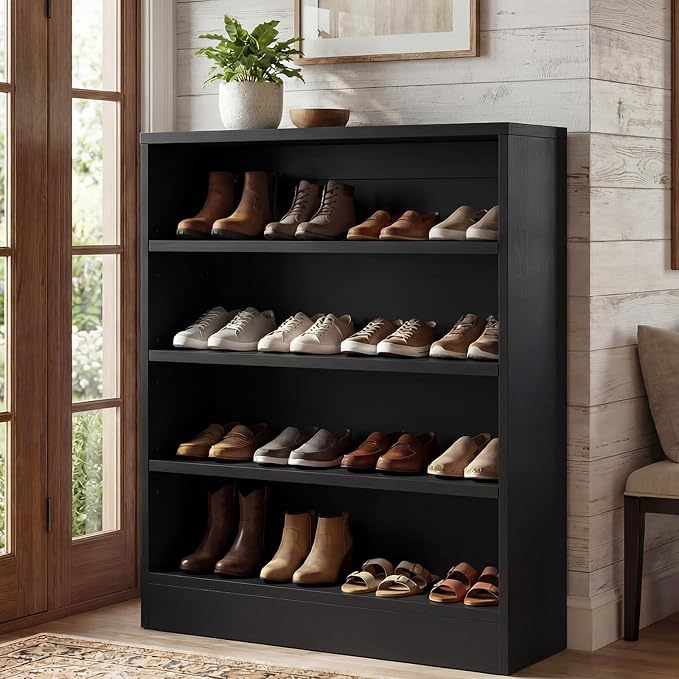 Shoe Cabinet, 5-Tier Modern Wood Shoe Storage Organizer, Black | 3 Adjustable Shelves for Entryway, Multi-Purpose Display Shelf & Storage Cabinet for Living Room, Bedroom