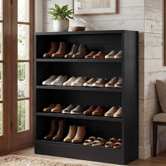 Shoe Cabinet, 5-Tier Modern Wood Shoe Storage Organizer, Black | 3 Adjustable Shelves for Entryway, Multi-Purpose Display Shelf & Storage Cabinet for Living Room, Bedroom