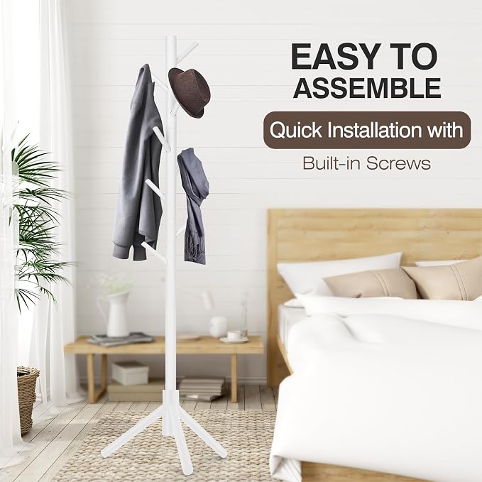 WANGMUXIA Freestanding Coat Rack | Coat Rack with 8 Hooks and 3 Adjustable Size Tree for Bedroom, Hallway, Entrance, Office, for Hats, Coats, Scarves, Handbags