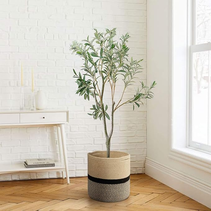 TIMEYARD Large Jute Plant Basket, Planter for Indoor Plants, Black and Jute | 12" x 12" Storage Organizer Basket Rustic Home Decor, Wicker Planter, Woven Pot for Indoor Plants