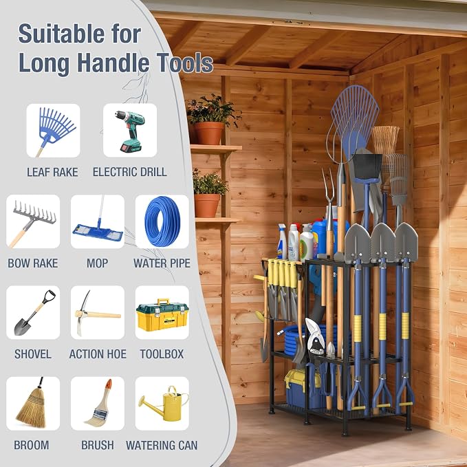 Garden Tool Organizer, Metal Yard Tool Organizer,Holds 70 Long-Handled Tools/Rakes/Brooms,Side Garden Pocket,Heavy Duty Steel Yard Tool Storage Rack for Garage,Shed, Outdoor(Black-Large)