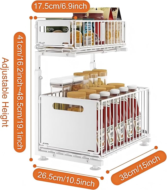 Under Sink Organizer, 2-Tier Multi-Use Kitchen and Bathroom Organizers and Storage, Slide Out Thickened Metal Under The Sink Organizer for Kitchen Bathroom Pantry (Style B White, 1 Pack)