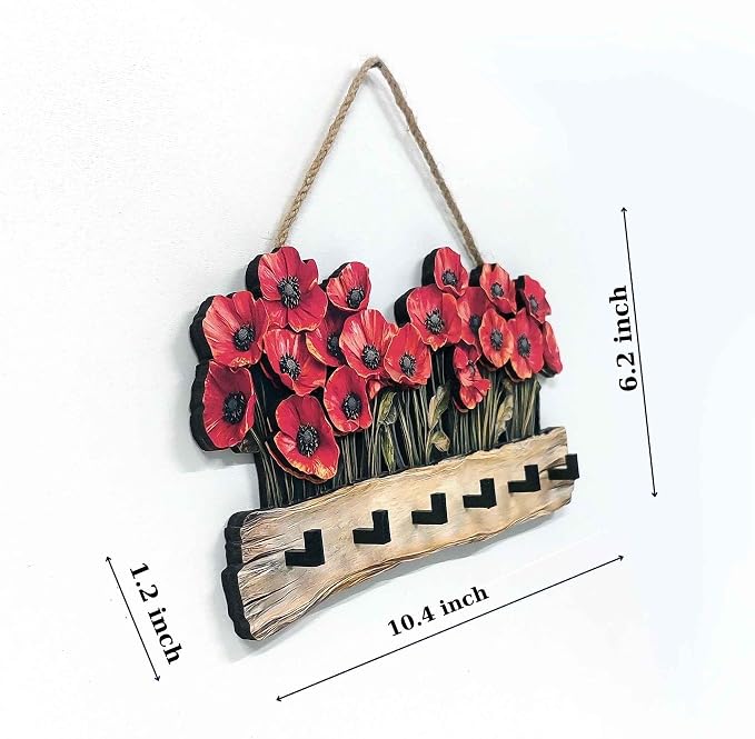Oak & Hearth Wooden Key Holder for Wall – Rustic Poppy Flower Key Rack with 6 Hooks – Farmhouse Entryway Organizer & Wall Decor
