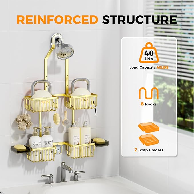 Adjustable Aluminum Shower Caddy Hanging for Handheld Showerhead, Gold | Rustproof Aluminum, Shower Organizer, Anti-Slip, Quick-Drain Shelf, 40lbs Capacity, Suction Cups, 8 Hooks, Razor Soap Holders