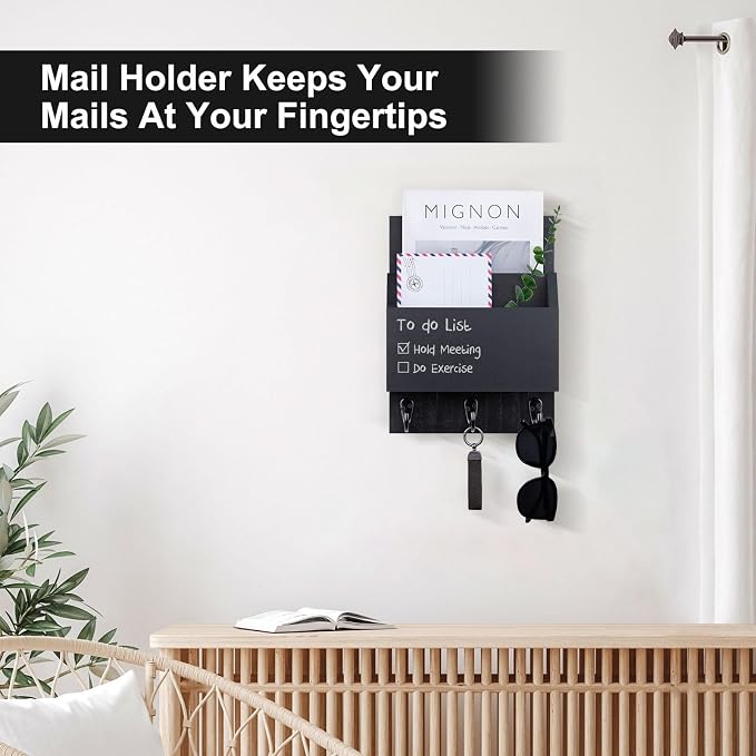 Key and Mail Holder for Wall Mount, Entryway Mail Holder with 2 Slot, Key Holder with 3 Sturdy Hooks for Coat, Dog Leash, Decorative Key Rack (8.86”W x 11.42”H x 3”D) (Black)