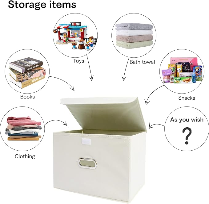 Linen Fabric Foldable Collapsible Storage Cube Bin Organizer Basket Fabric Storage Bins with Lid, Leather Handles, Removable Divider for Home, Closet, Creamy-White