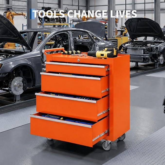 Garvee Rolling Tool Chest, 4 Drawers Tool Storage Cabinet, Toolbox with Wheels, Portable Tool Cabinet Organizer with Locking System & Drawer Liners, Tool Storage Cart for Garage, Workshop, Orange