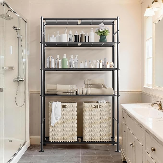 BolDuck 5 Tier Shelf Organizer Rack, Metal Shelving Unit with Adjustable Leveling Feet, Space-Saving Storage Shelves for Garage Closet Laundry Bathroom Kitchen Pantry, 33.07”Wx12.6”Dx72.04”H,Black