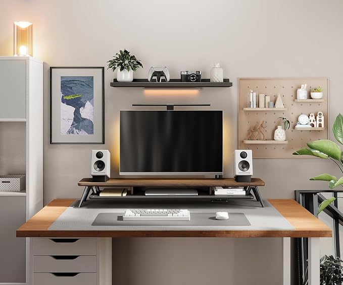 Fenge Dual Monitor Stand Riser, Wooden Desk Shelf with 2-Tier Storage | 42.5-Inch Wide, Sturdy Aluminum Legs, Built-In Phone & Tablet Slot, Desktop Organizer for Office Accessories