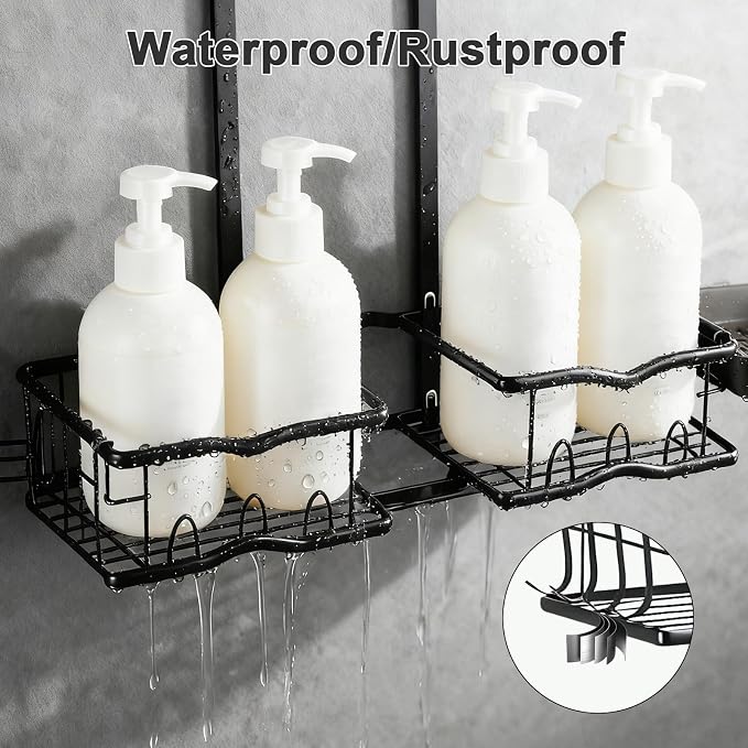 Shower Caddy Hanging Organizer, Rustproof Over Shower Head Caddy Holder with Hooks for Razor/Sponge, No Drilling Bathroom Racks Bath Storage Shelves for Shampoo Soap Towels, Black
