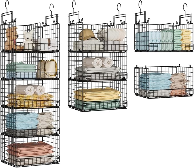 VyGrow 5 Tier Hanging Closet Organizer with Adjustable Dividers, Heavy-Duty Storage Shelves for Clothing, Kitchen, Laundry Room, Extra Large Baskets, 15.7" W x 11.8" D x 51" H, Black