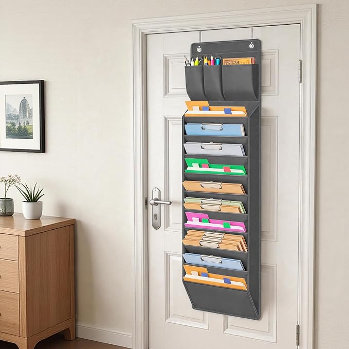 Over Door Hanging File Organizer, 10 Extra Large Pockets (Grey) | Wall file organizer, 10 extra large pockets, heavy-duty fabric. Hanging folders for mail, magazines.13.78"W × 51.18"H