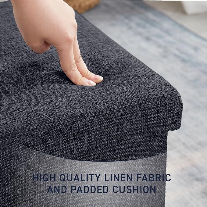 Ornavo Home 15 Inch Folding Storage Ottoman Cube, Tufted Linen, Black | Upholstered Cube with Lid; Foot Rest Stool; Ideal for Bedroom, Living Room or Entryway
