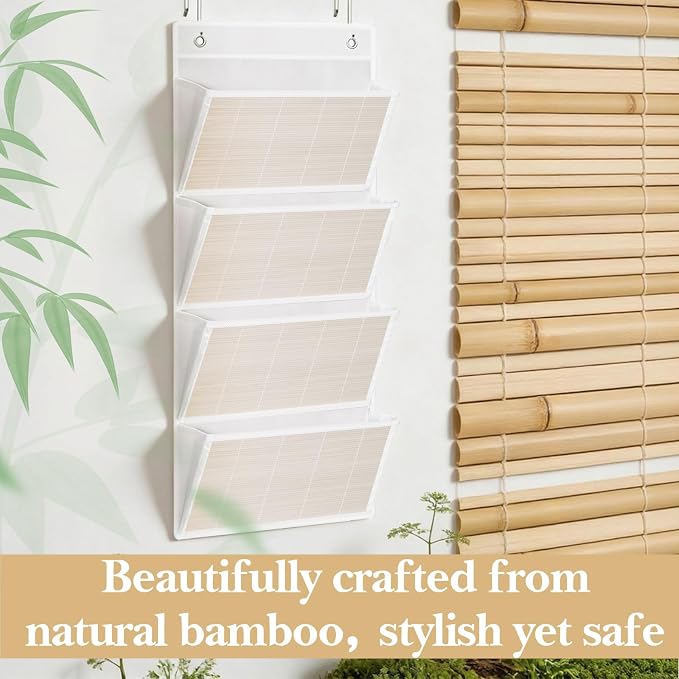 hanging wall file organizer, Over the door file folder organizer with 4 Large Bamboo Pockets, Suitable for Home, Office, Back to School Supplies Storage and Organization (White)