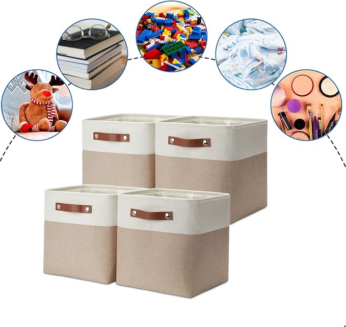 DULLEMELO 11 inch Cube Storage Bins, Large Collapsible Grey Storage Baskets for Square Cubes Organizing, Fabric Boxes Bins for Shelves Nursery Home Office Storage(4 Pack - 11" White&Khaki)