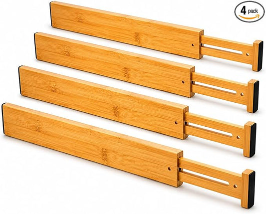 Bamboo Drawer Dividers, 16.5"-22" Adjustable Expandable Organizers, 4 Pack, Tension Mount, Slip Resistant, for Kitchen and Home