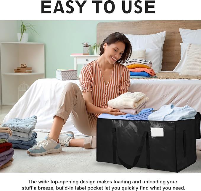 8 Pack-Extra Large Heavy Duty Moving Bags - Waterproof Storage Totes with Handles & Zippers, Foldable for College Dorm, Storage (Black)