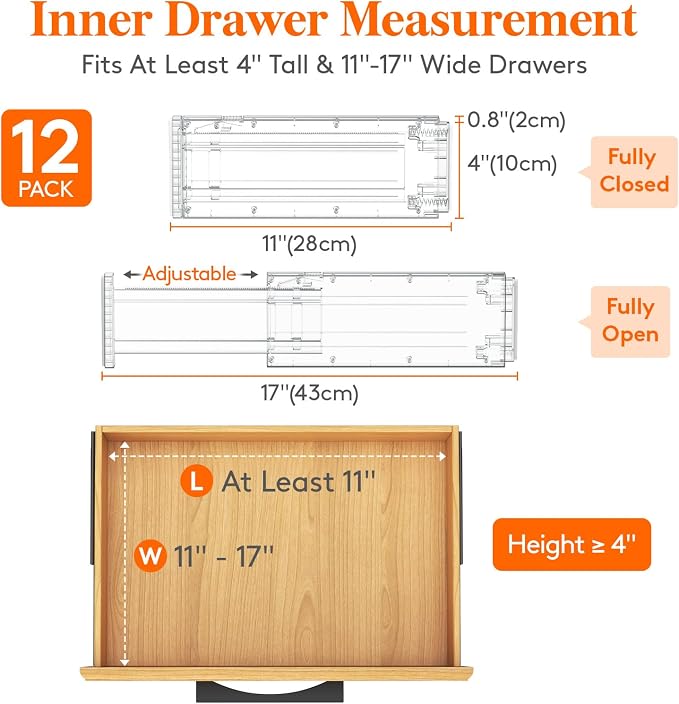 Lifewit 12 Pack 4" High Drawer Dividers 28-43.5cm/11-17" Adjustable Drawer Organizer for Clothes/Utensils, Expandable Drawer Organizer in Dresser/Kitchen/Bedroom/Office Organization & Storage Clear