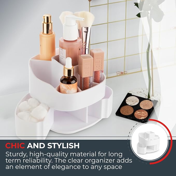 Masirs 360° Rotating Makeup Organizer – Small Acrylic Cosmetic Storage Caddy, 5 Compartments, Mini Lazy Susan for Vanity, Bathroom, Skincare, Brushes & Lipsticks, Square White