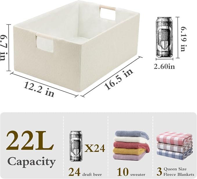 Foldable Fabric Storage Cubes, 2 Packs Cloth Storage Baskets with Wooden Handles, Collapsible Shelf Closet Organizer Bins, Rectangular Storage Boxes for Decor (Beige 2 Pack)